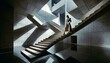 © FantasyLand86 - A model is striking a pose on a minimalist geometric staircase within a fashion photoshoot setting.