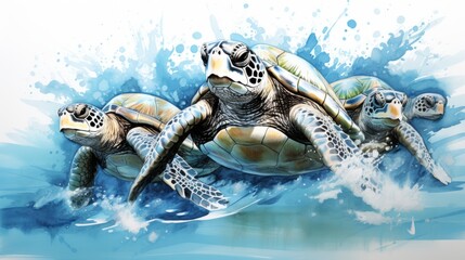 Poster - Turtles against the background of blue water