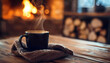 Hot coffee mug on wooden table. Generative ai design concept art.