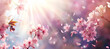 Sakura cherry blossom spring with sun rays background. Generative ai design concept.