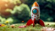 Colourful toy rocket prepared for imaginary launch on a sunny day in a flower-filled meadow