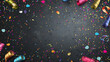Festive black background with colorful confetti and streamers. Birthday border frame with empty copy space. Generative AI