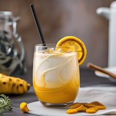 Wall Mural - A glass of iced turmeric ginger latte with a turmeric swirl3