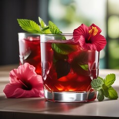Wall Mural - A glass of iced hibiscus mint tea with a hibiscus flower and mint leaf5