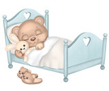 Fototapeta Boho - Cute baby bear sleeping in bed. Little teddy bear boy hugging rabbit toy sleep at night. Healthy sleep. Kid's room. Hand drawn cartoon illustration.