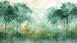 Misty forest watercolor in emerald and ochre, peaceful woodland essence.