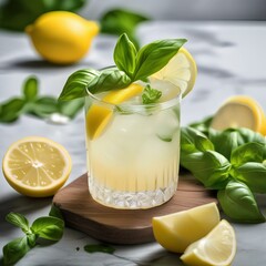 Wall Mural - A refreshing lemon basil cocktail with a lemon slice and basil garnish2