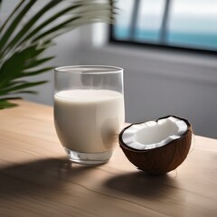 Poster - A glass of creamy coconut milk with a straw1