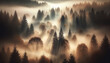 Mysterious Mist Envelops a Mountainous Forest at Dawn