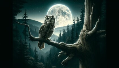 Wall Mural - An owl perched on a gnarled tree limb with the full moon casting a glow over the distant hills.