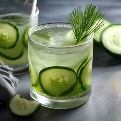 Wall Mural - A refreshing cucumber dill cocktail with a cucumber slice and dill garnish5