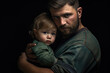 Man holds little boy in his arms. Father hugs his son. Fatherhood and parenthood concept