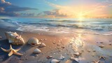 Fototapeta Londyn - Landscape with shells on tropical beach. Waves approaching sea shells lying on sand during sunset.