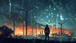 Futuristic Industry Landscape at Twilight, Silhouetted Figure Overlooking Wind Turbines and Factories. Digital Art Concept. Eco-Friendly vs Industrial Themes. AI