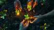 © praewpailyn - Creative depiction of hands planting photorealistic trees that glow with life, celebrating National Tree Planting Day