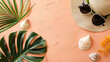 Top-down view of a summer-themed banner with a hat, sunglasses, seashell, and monstera leaf neatly arranged on a pristine isolated background, capturing the essence of a hot summer day, ideal for adve