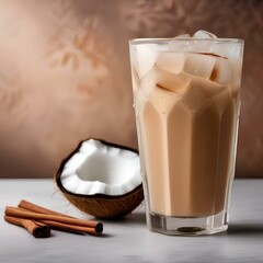 Wall Mural - A glass of iced coconut chai latte with a cinnamon stick3
