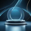 abstract background with glowing sphere,A cutting-edge futuristic podium bathed in soft, ethereal light, contrasting against a dark background with subtle reflections, symbolizing innovation and forwa