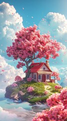 Wall Mural - Houses and flowers flying in the air, a fairy tale world