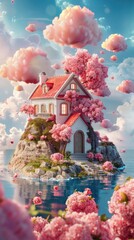 Wall Mural - Houses and flowers flying in the air, a fairy tale world