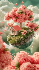 Wall Mural - Houses and flowers flying in the air, a fairy tale world