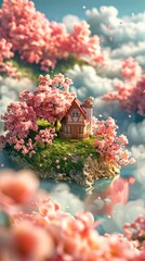 Wall Mural - Houses and flowers flying in the air, a fairy tale world