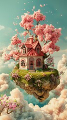 Wall Mural - Houses and flowers flying in the air, a fairy tale world