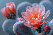 Cactus With Blooming Pale Pink Flowers.