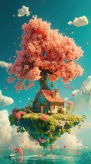 Wall Mural - Houses and flowers flying in the air, a fairy tale world