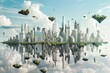 A surreal city skyline with abstract geometric shapes, floating islands, and twisting skyscrapers, Generative AI
