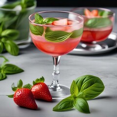 Wall Mural - A refreshing strawberry basil cocktail with a basil leaf garnish4