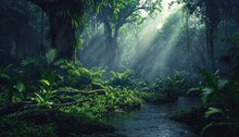 Atmospheric Jungle Photograph With Running Stream And Tropical Plants. Lush Natural Environment.