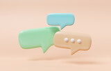 Fototapeta Kosmos - Minimalist blue green and yellow speech bubbles talk icons floating over orange background. Modern conversation or social media messages with shadow. 3D rendering