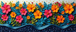 brightly colored flowers are in a row on a blue ribbon