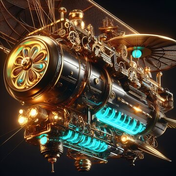 Futuristic airship with steampunk aesthetics, featuring neon propulsion and brass gears	