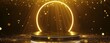 Gleaming gold circle podium with particles. A luxurious golden podium in the form of a glowing circle, immersed in a sea of sparkling golden particles on a deep black background.