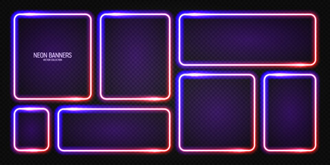 Wall Mural - glowing neon banners, illuminated colorful square frames. shiny vibrant border, glow effect. violet 