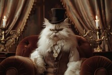 A Fluffy, White Persian Cat Dressed In A Dapper, Vintage Gentlemans Suit, Complete With A Mini Top Hat And A Golden Pocket Watch, Seated On An Opulent.