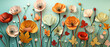 brightly colored paper flowers are arranged on a blue wall