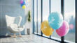 Colorful balloons floating against the backdrop of a sleek, modern room, adding a touch of whimsy to the minimalist decor.