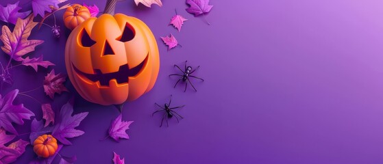 Wall Mural - 3d rendering of Halloween pumpkin with leaves and spiders on purple background.