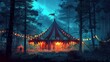 circus tent, mystical, carnival, forest, lights, night, enchanted, fantasy, eerie, festive, tents, atmosphere, magic, twilight