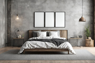 Wall Mural - Bedroom interior in loft, industrial style, frame mockup, 3d rende(