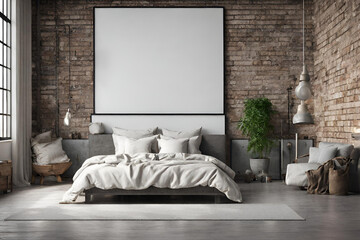 Wall Mural - Bedroom interior in loft, industrial style, frame mockup, 3d rende(