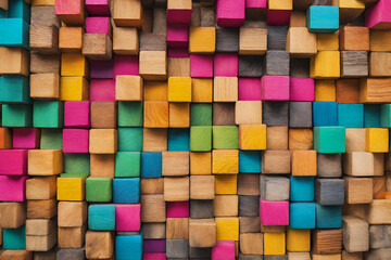 Colorful wood square texture for a backdrop, Colorful wood block stack on the wall for background, grunge cubes rough texture wall background colored rough wooden square