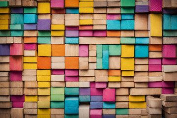 Colorful wood square texture for a backdrop, Colorful wood block stack on the wall for background, grunge cubes rough texture wall background colored rough wooden square