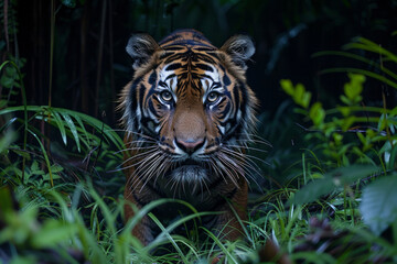 Poster - A photograph of the elusive Sumatran tiger, its stripes blending into the dim light of the dense jun