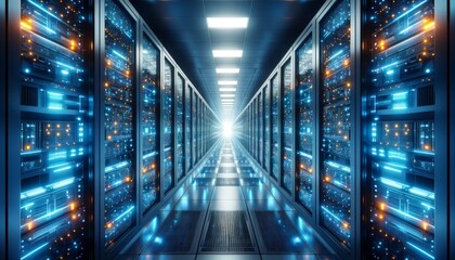 Hardware server room with rows of racks and equipment. Abstract background representing a data center.