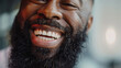 Black man, beard and smile in portrait with closeup for laughing with confidence in salon with clear skin. Barber, shop and pride with face for cosmetic with hair care, cleaning and trim with teeth