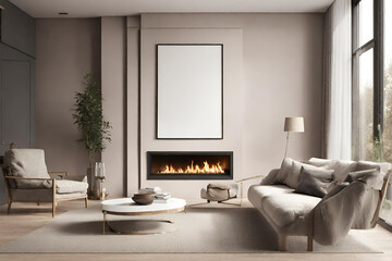 Wall Mural - Mock up poster in modern home interior with fireplace, 3d render